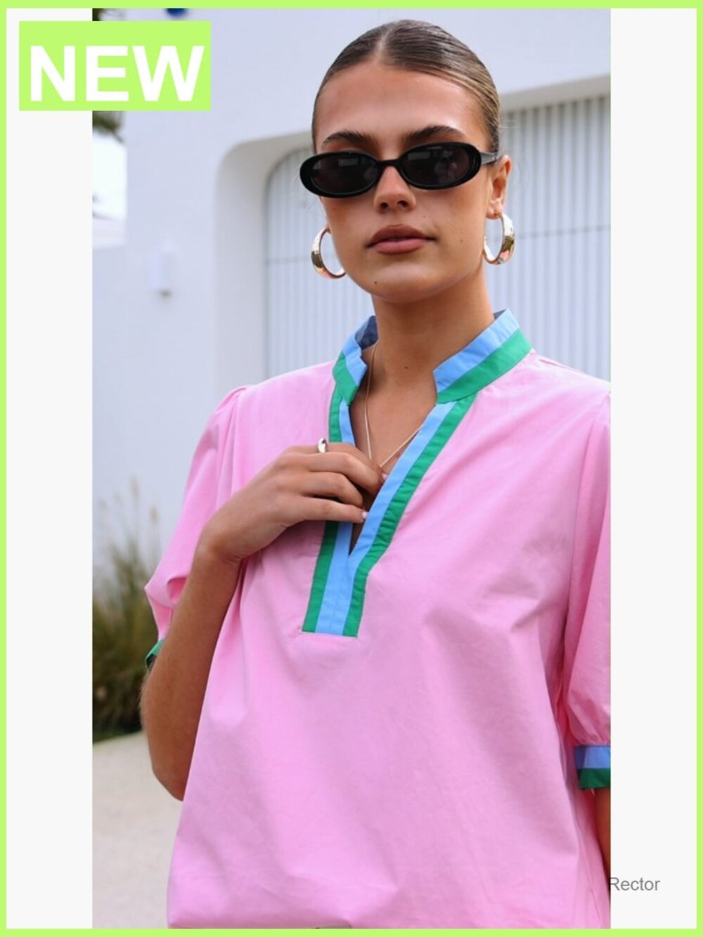 Color Block Puff Sleeve V Neck Cotton Blouse Loose Fit Tee - Picture 7 of 7